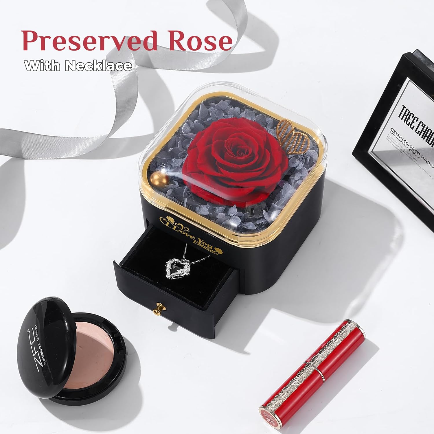 Mikasol Preserved Rose & Heart-Shaped Necklace with Jewelry Box - Preserved Rose, Ideal Romantic Gift for Women, Anniversary, Valentines, Black, 4.9"x4.5"x4.1"