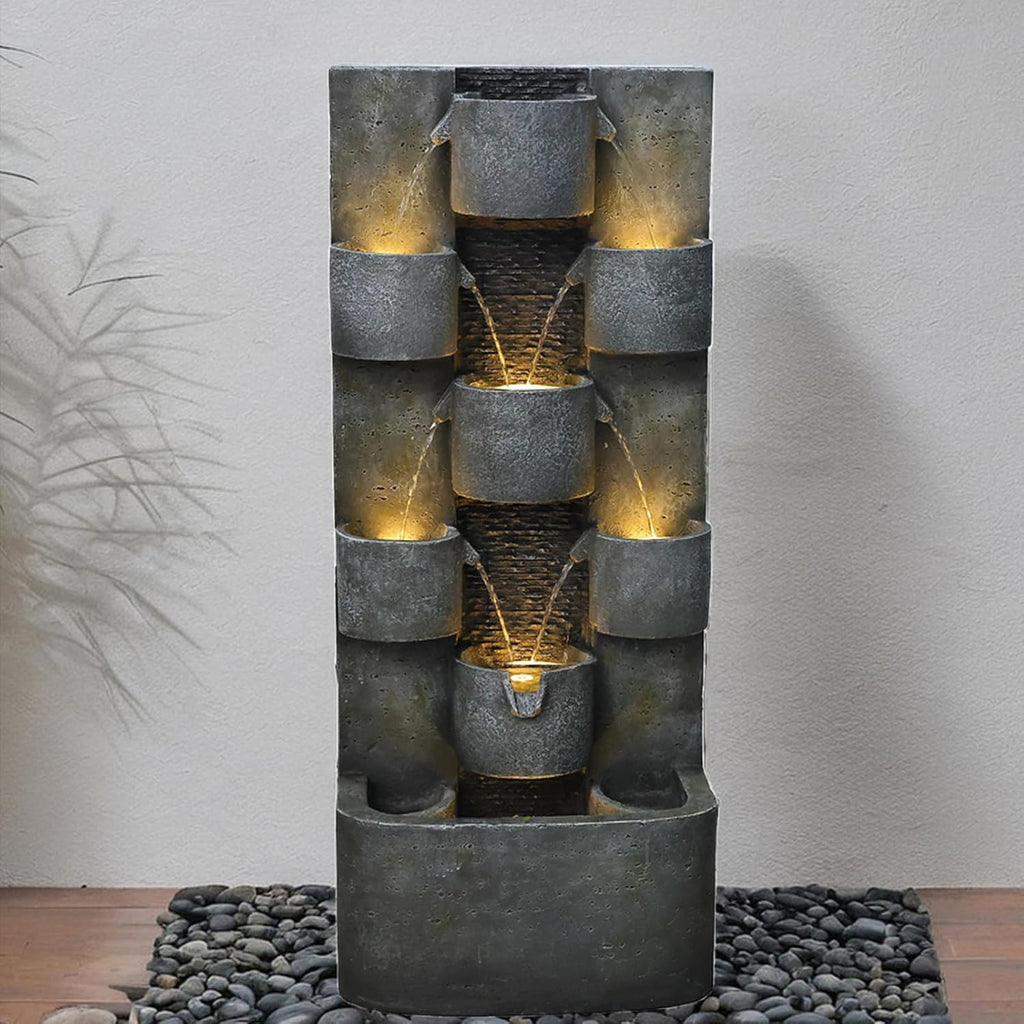 45" H Outdoor Water Fountain Garden - Large Cascading Waterfall Freestanding Fountains Water Feature with Lights for Patio Backyard Deck Porch and Home Decor, Concrete Artistry Style, Gray