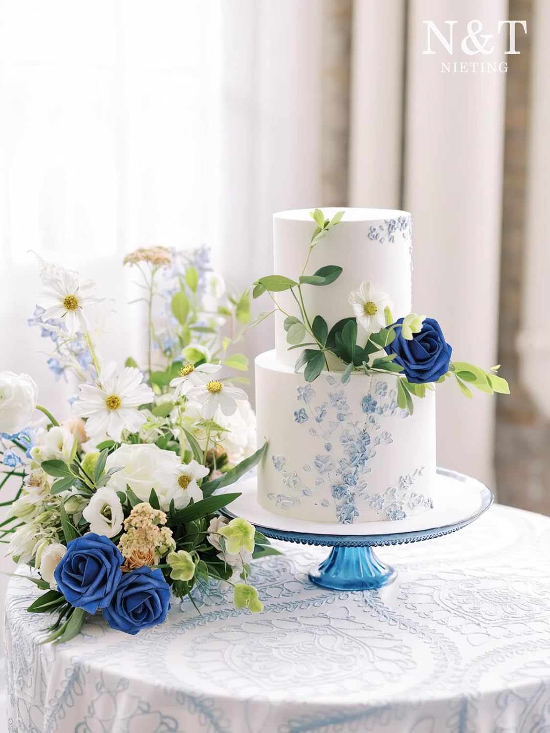 N&T NIETING Artificial Flowers Navy Blue Roses 50Pcs Fake Flowers Foam Roses with Stems for DIY Wedding Bridesmaid Bridal Bouquets Centerpieces Party Home Decoration Baby Shower