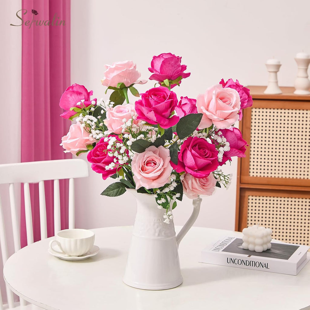 Serwalin 20pcs Artificial Pink & Hot Pink Roses, 4'' Big Flower Head, Fake Velvet Roses, Silk Roses Long Stems Realistic Bouquet for Wedding Parties Table Centerpiece and Home Decor