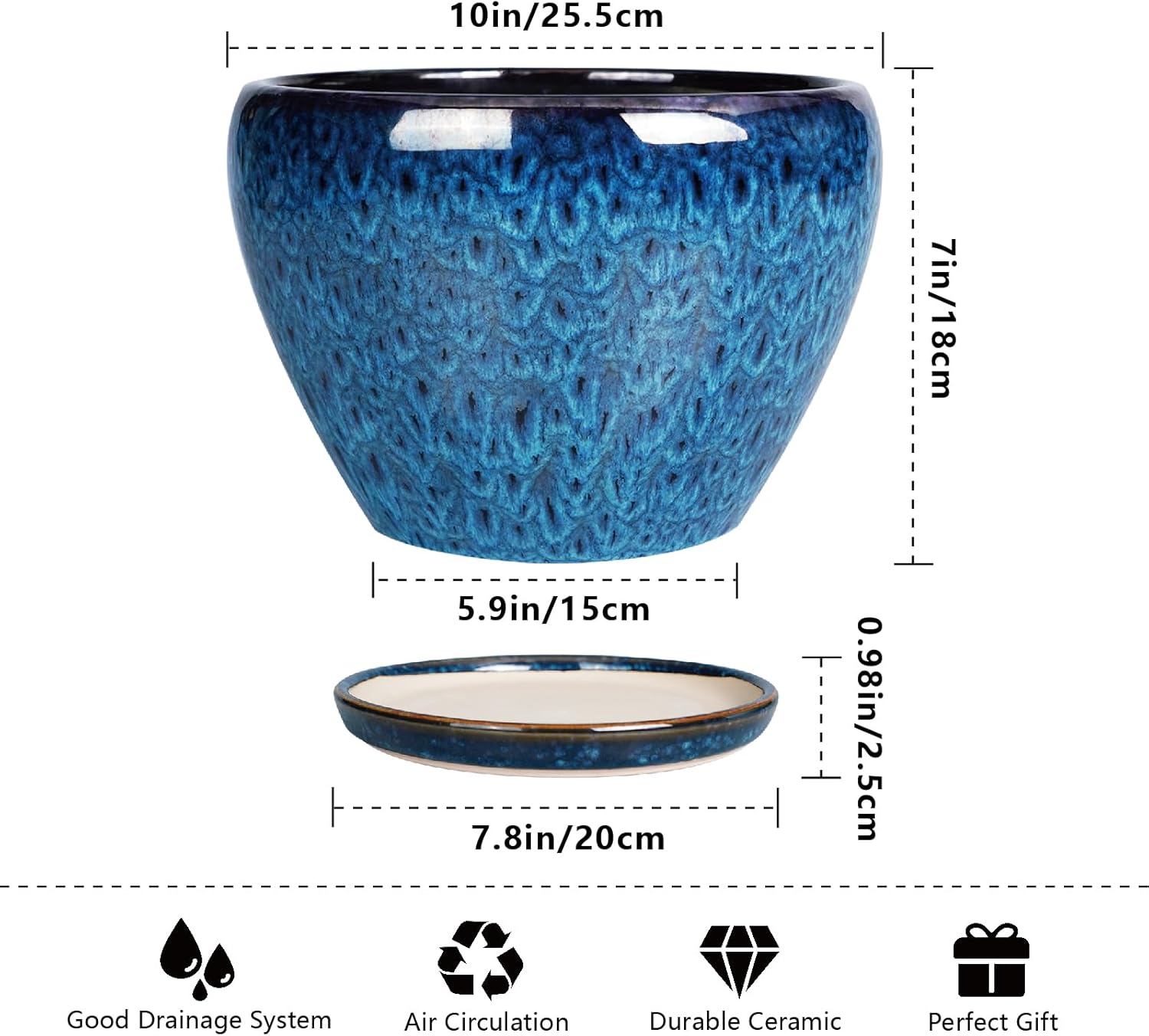 10 Inch Ceramic Planter Pot, Ceramic Plant Pot for Indoor Outdoor Plants, Large Flower Pot with Drainage Hole and Saucer, Blue