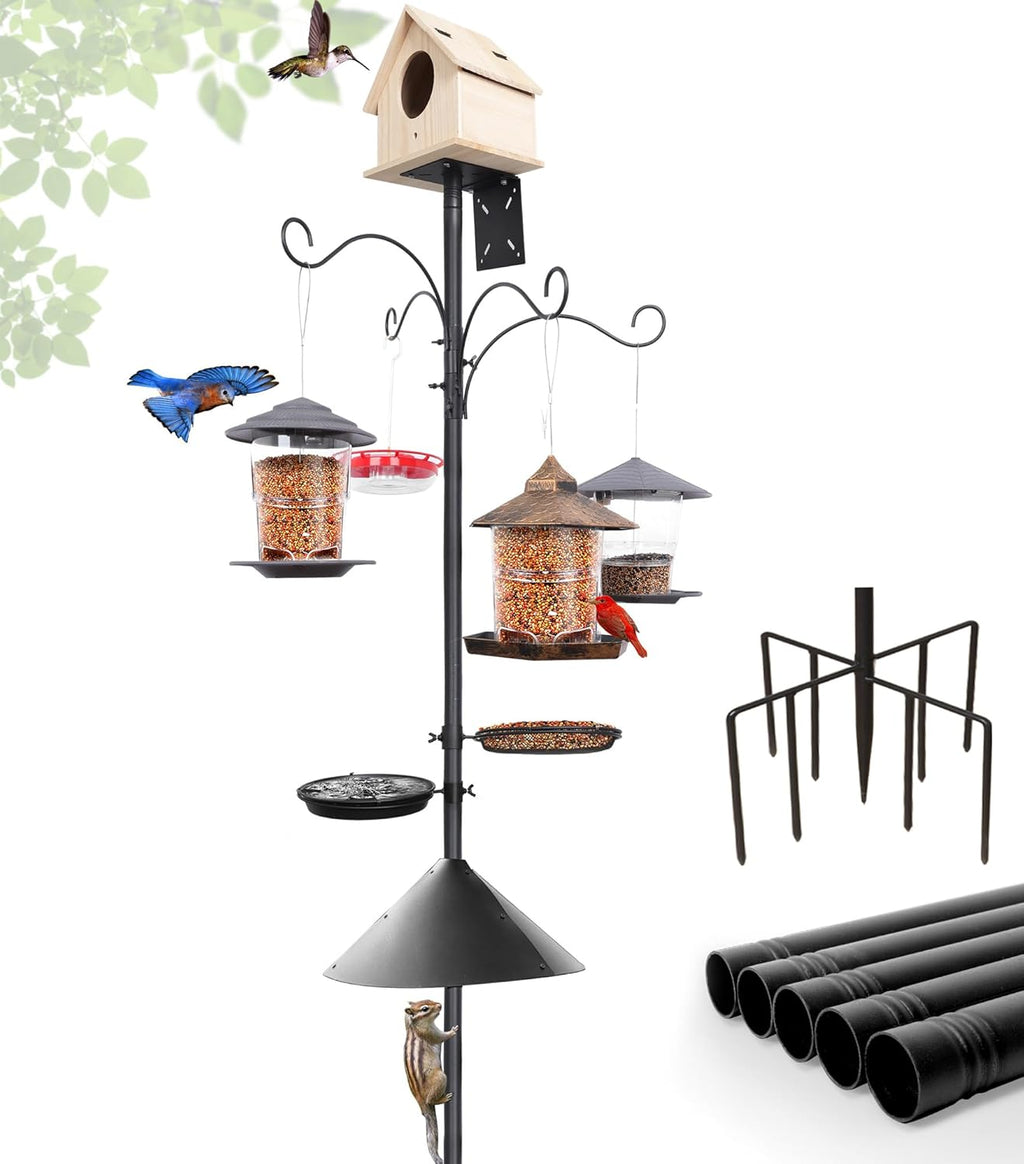eWonLife 92 Inch Bird Feeder Pole with Squirrel Baffle & Upgraded 9-Prong Base, Adjustable Bird House Pole for Outdoors Heavy Duty, Bird Feeder Stand Post Station with 4 Shepherd Hooks, Birdbath, Tray