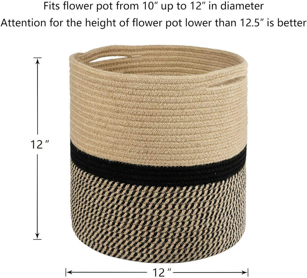 TIMEYARD Sturdy Jute Rope Plant Basket Modern Woven Basket for 11" Flower Pot Floor Indoor Planters, 12'' x 12'' Storage Organizer Baskets Rustic Home Decor, Black and Beige Stripes