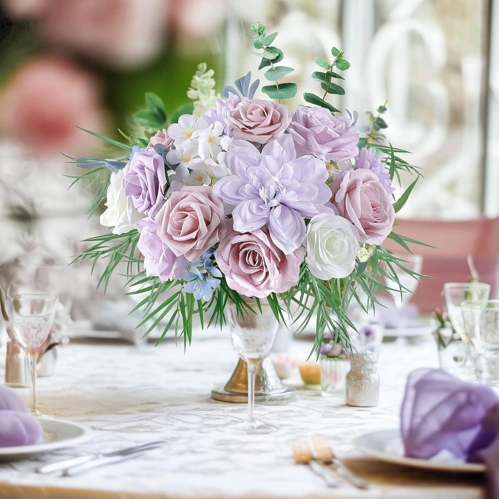 AGIRL Rose Artificial Flowers Combo Fake Flowers Purple White Silk Flowers Fake Floral Arrangements Cake Flowers for DIY Wedding Bouquets Centerpieces Table Decor Baby Shower Home Decor