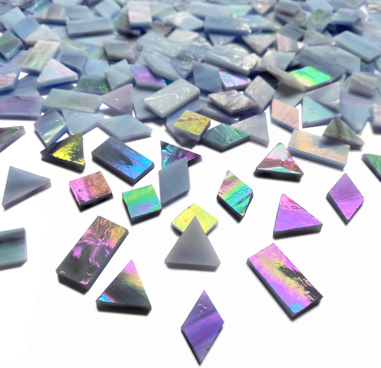 Iridescent Gray Stained Glass Mosaic Tiles for Crafts, 280 Pieces Mixed 4 Shapes Tiffany Stained Glass Sheets for Mosaic Projects