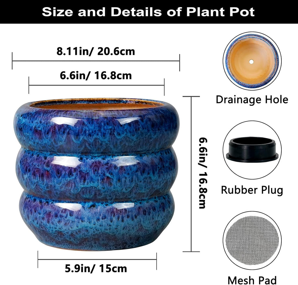SQOWL Ceramic Planter Pot - 8 Inch Plant Pot Indoor with Drainage Hole Round Outdoor Pot for Plants Decorative Flower Pots Round Planter for Home Room Decor Blue