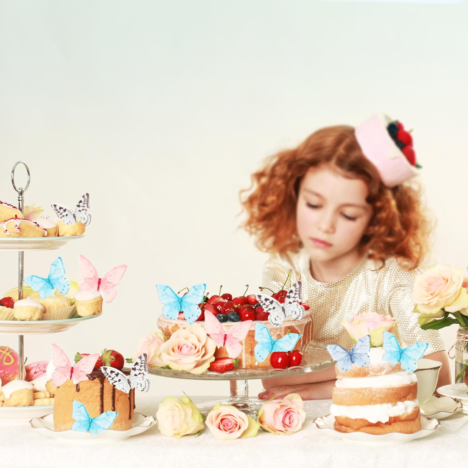 Ephlyn 48Pcs Edible Butterfly Cupcake Toppers Cupcake Picks Edible Butterfly Cupcake Decorations for Theme Baby Shower Kids Birthday Party Cake Supplies Multi