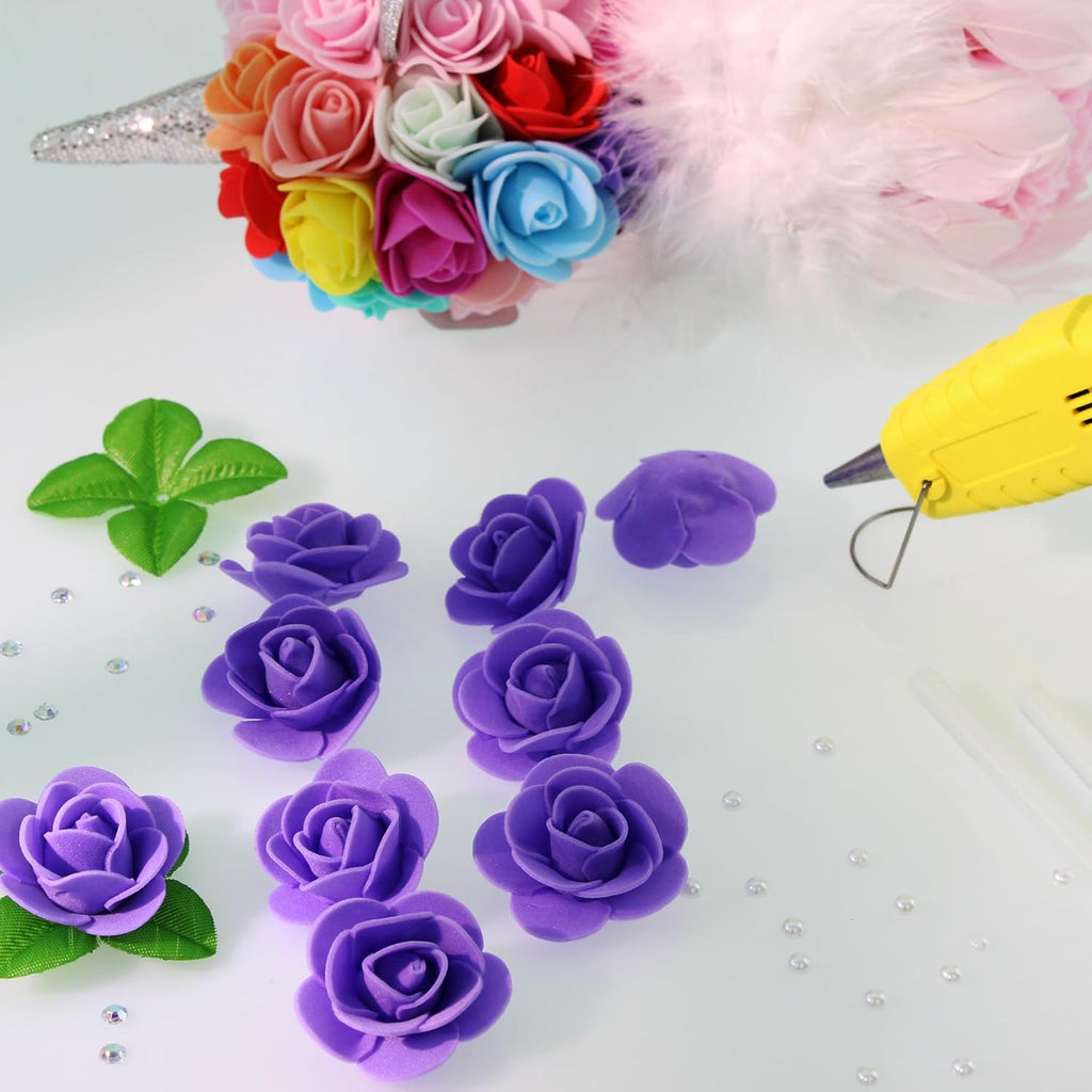500 Pcs 1.4 Inch Mini Artificial Flowers Head Bulk 5 in 1 Set Faux Foam Fake Small Rose Tiny Baby Flores Bouquet Cake Gift Home Decoration DIY Craft (Purple)