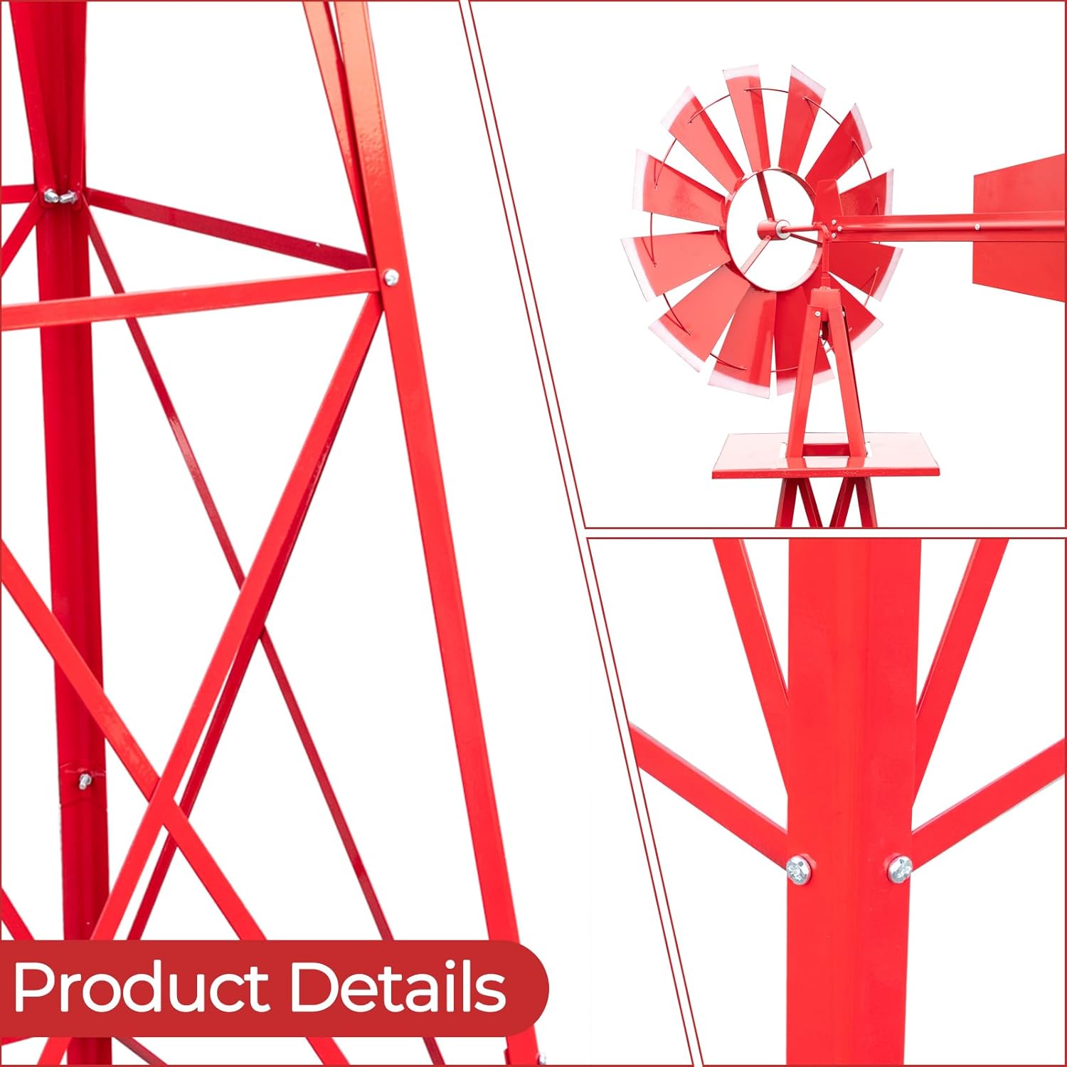 Outvita 8FT Ornamental Windmill, Heavy Duty Durable Metal Weather Vane Garden Decoration Weather Resistant for Garden, Yard, Farm, Seaside (8ft-red)