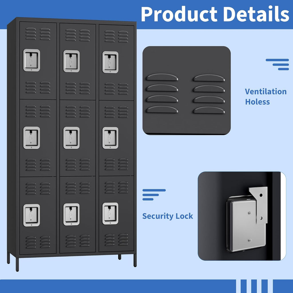 9 Doors Employee Lockers for Office, Metal Sorage Locker Combination, Lockable Employees Metal Locker With Door, Industrial Storage Lockers for Home, School, Gym