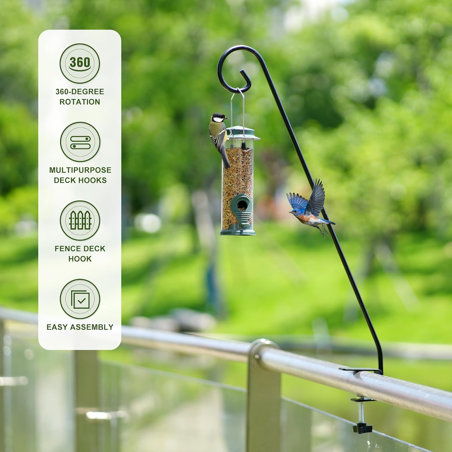 MIXXIDEA 2 Packs Heavy Duty Deck Rail Pole Deck Hook, Extensible and Adjustable Deck Hook for Hanging Bird Feeder, Plants, Suet Baskets,Wind Chimes,Lanterns