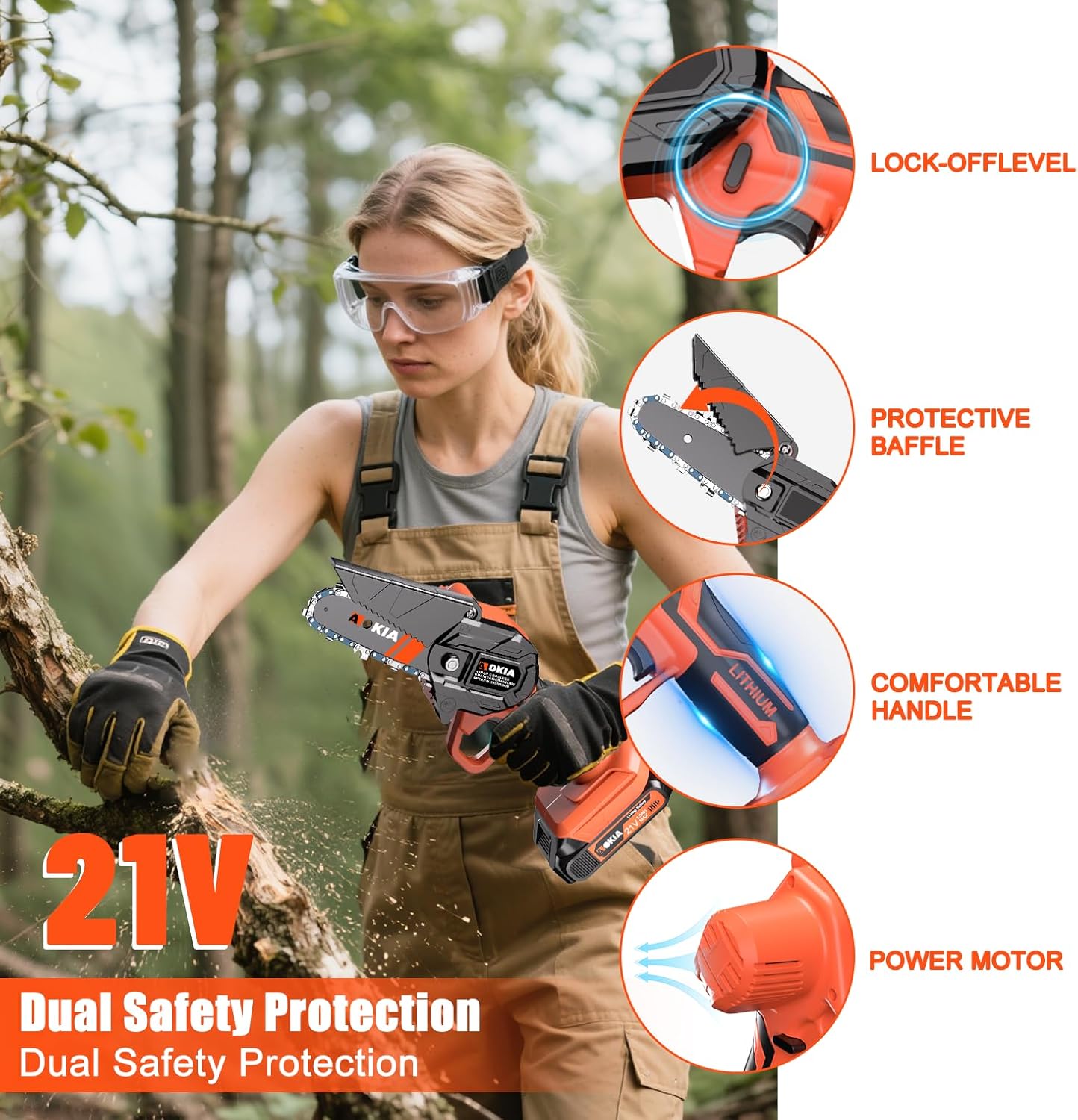 Cordless Mini Chainsaw 21V,4In Electric Chainsaw,Handheld & Portable Power Chain Saw for Tree Trimming Pruning Garden & Yard Work,Battery Chain Saw Gifts for Men Women Dad Orange