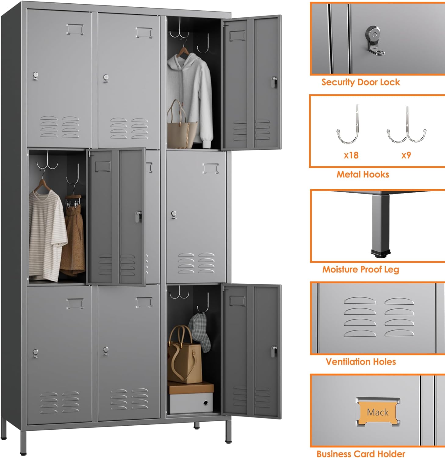 9 Doors Metal Lockers for Employees with 27 Hooks, Storage Locker with Business Card Holder for Office Gym School Bedroom, Assembly Required, Dark Gray