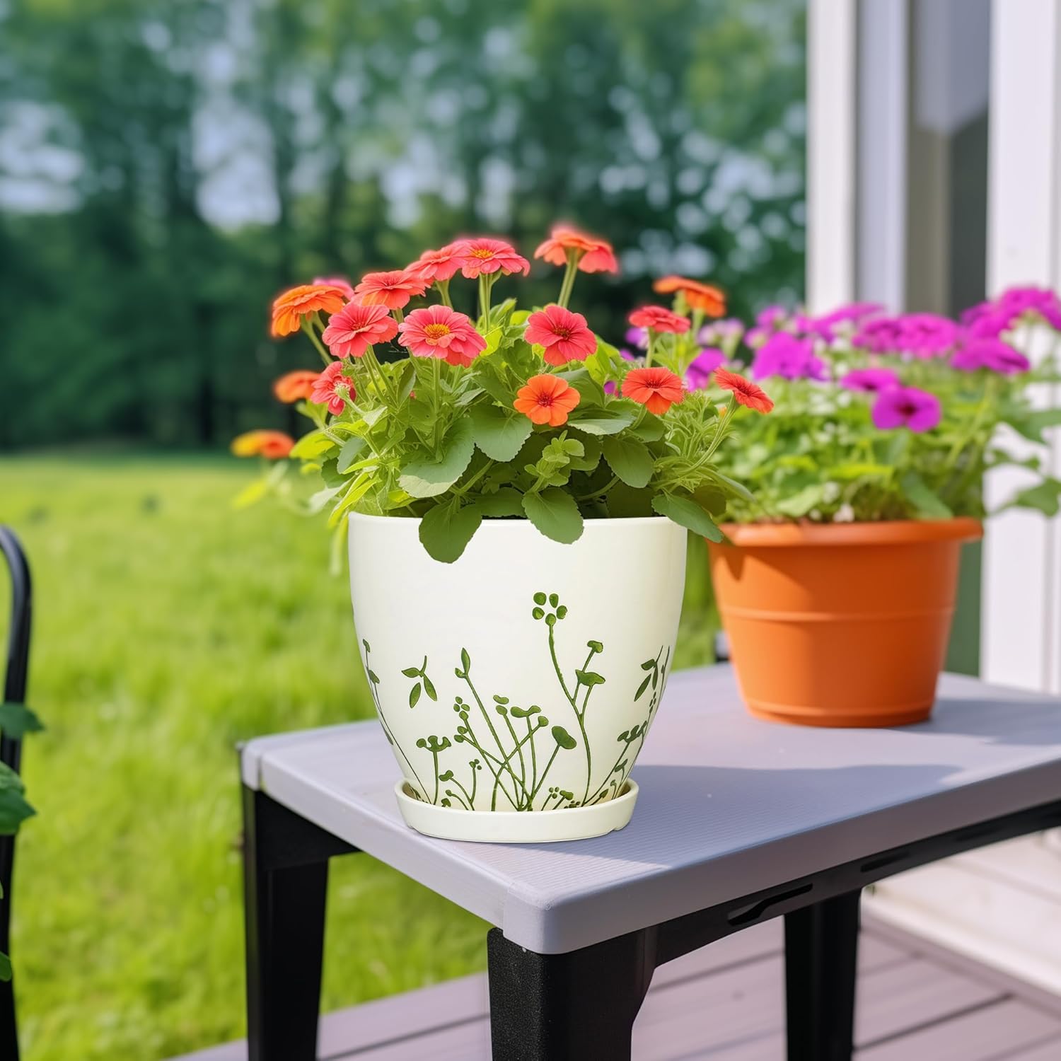 Ceramic Plant Pot 6.8 Inch - Indoor Flower Pot with Drainage Hole and Saucer, Decorative Boho Round Outdoor Indoor Planter, Plant Lover Gifts, Office Home Garden House Decor, White