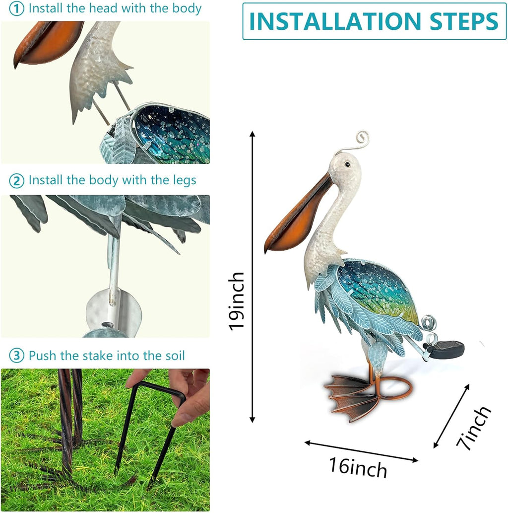 HONGLAND Solar Metal Pelican Statues Garden Sculpture & Statues, 19 Inch Glass Outdoor Pelican Yard Art Coastal Ocean Bird Decor Lawn Ornament for Backyard Porch Patio Decor（Blue-Green）