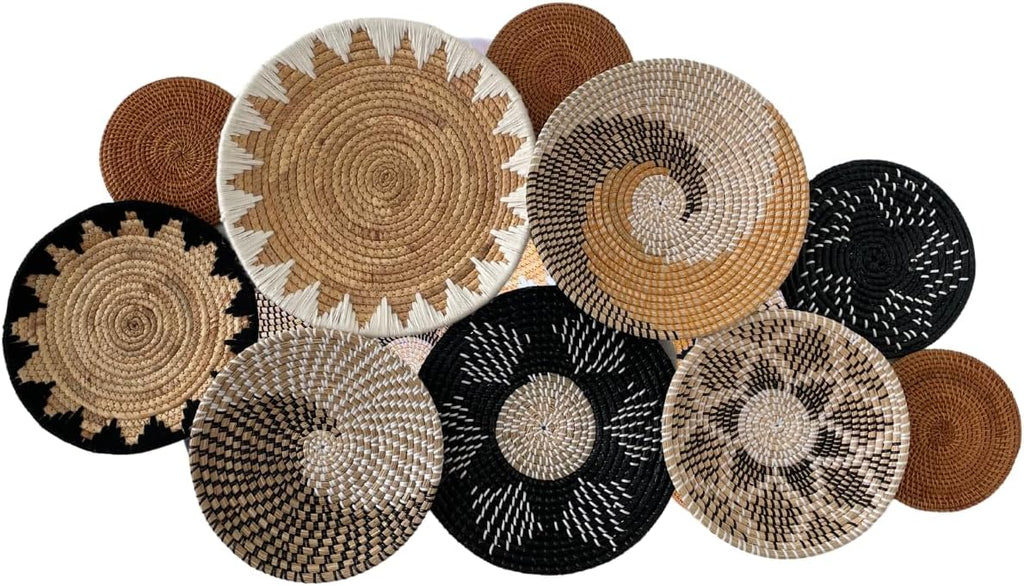 Set of 10 Handcrafted Boho Wall Basket Decor, Wall Hanging Baskets, Decorative Plates for Wall, Handmade from Vietnam Unique Wicker Wall Art Decor