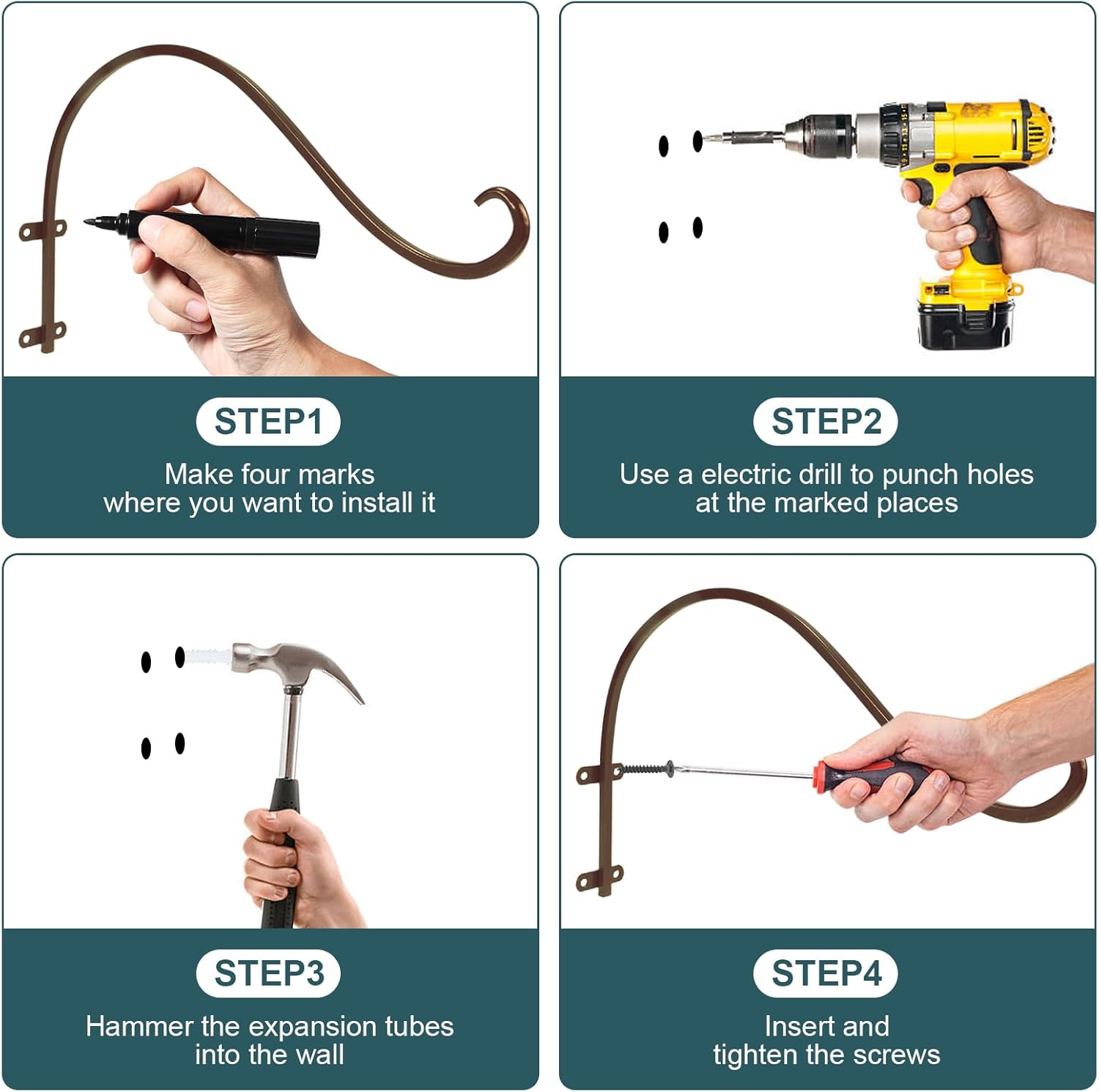 Plant Hangers Outdoor, 4 Pack 12 Inch Plant Hooks for Wall Metal Plants Hanging Bracket for Bird Feeder, Flower Baskets, Wind Chimes, Lanterns, Indoor Outdoor, Bronze