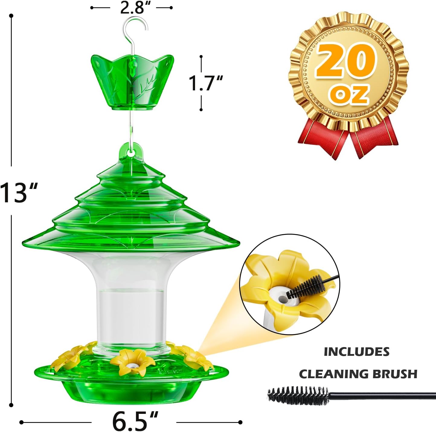 Birdream Hummingbird Feeder for Outdoors Hanging 40oz 10 Feeding Ports, 2 Pack Humming Bird Feeder with Ant Moat Brush Leak Proof - Green