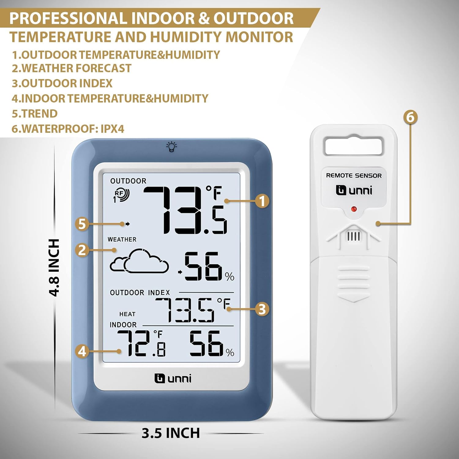 Indoor Outdoor Thermometer Hygrometer Wireless Weather Station, Temperature Humidity Monitor Battery Powered Inside Outside Thermometers with 330ft Range Remote Sensor(Blue)