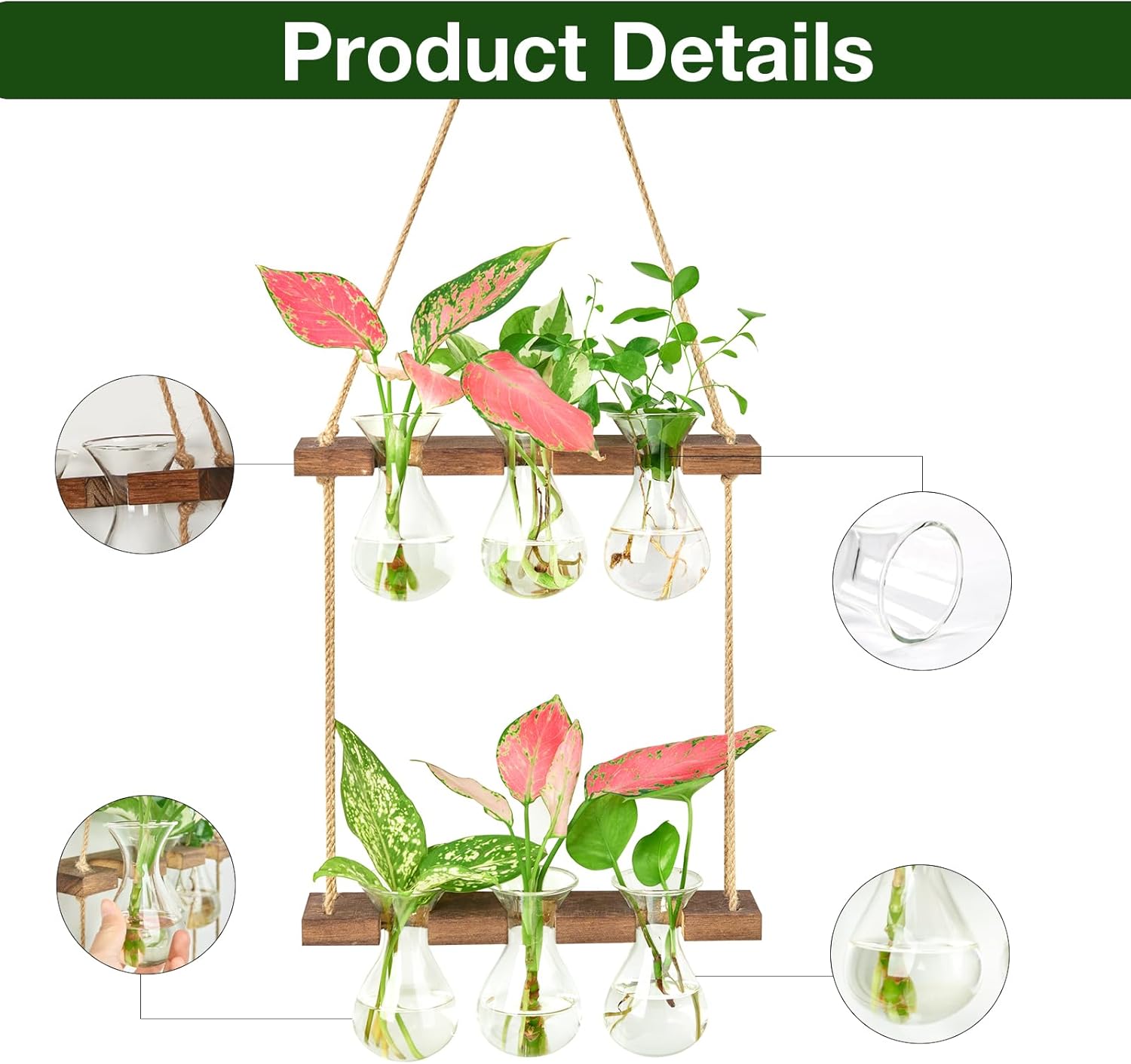 XXXFLOWER Wall Hanging Propagation Station with Wooden Stand 3 Bulb Vase 2 Tiered Planters Wall Terrarium for Home Office Plant Hanger Flower Vases Wall Decor(Brown)