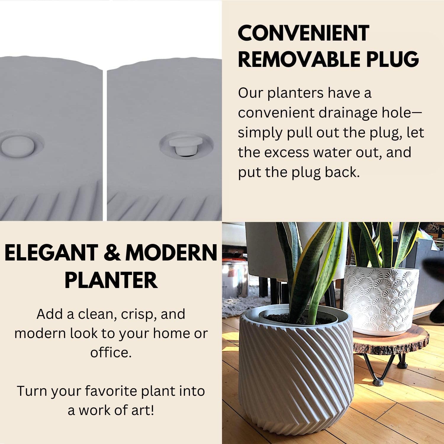 Fox & Fern Large 12 Inch Planter — Premium Polystone Gray Plant Pot with 3D Texture and Drainage Plug; 12 Inch Pots for Plants Indoor; Large Planter for Indoor & Outdoor Plants