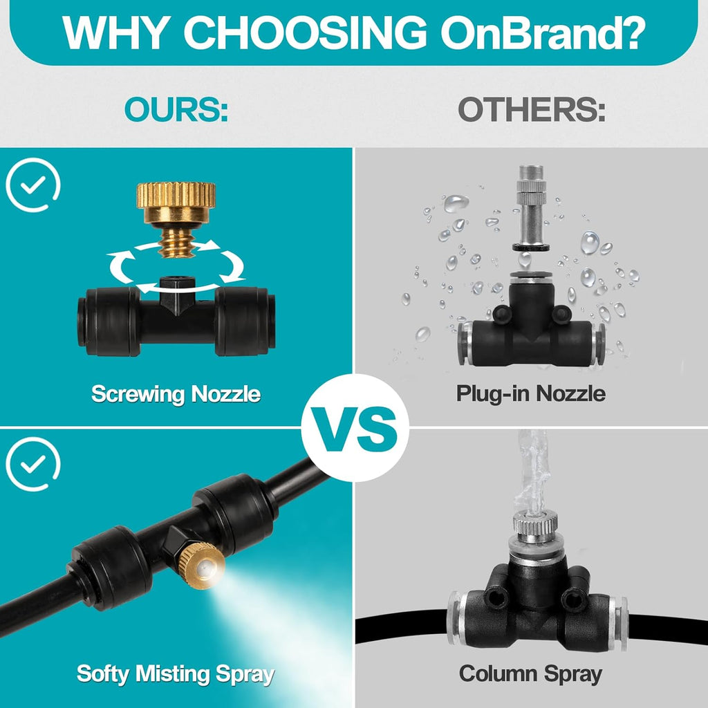 OnBrand Patio Water Misters for Cooling Outdoor, 100FT Mister for Outside with 3/4" Adapter and Filter, Misting Cooling System with 2 T-Joints and 30 Brass Nozzles for Greenhouse Trampoline Coop