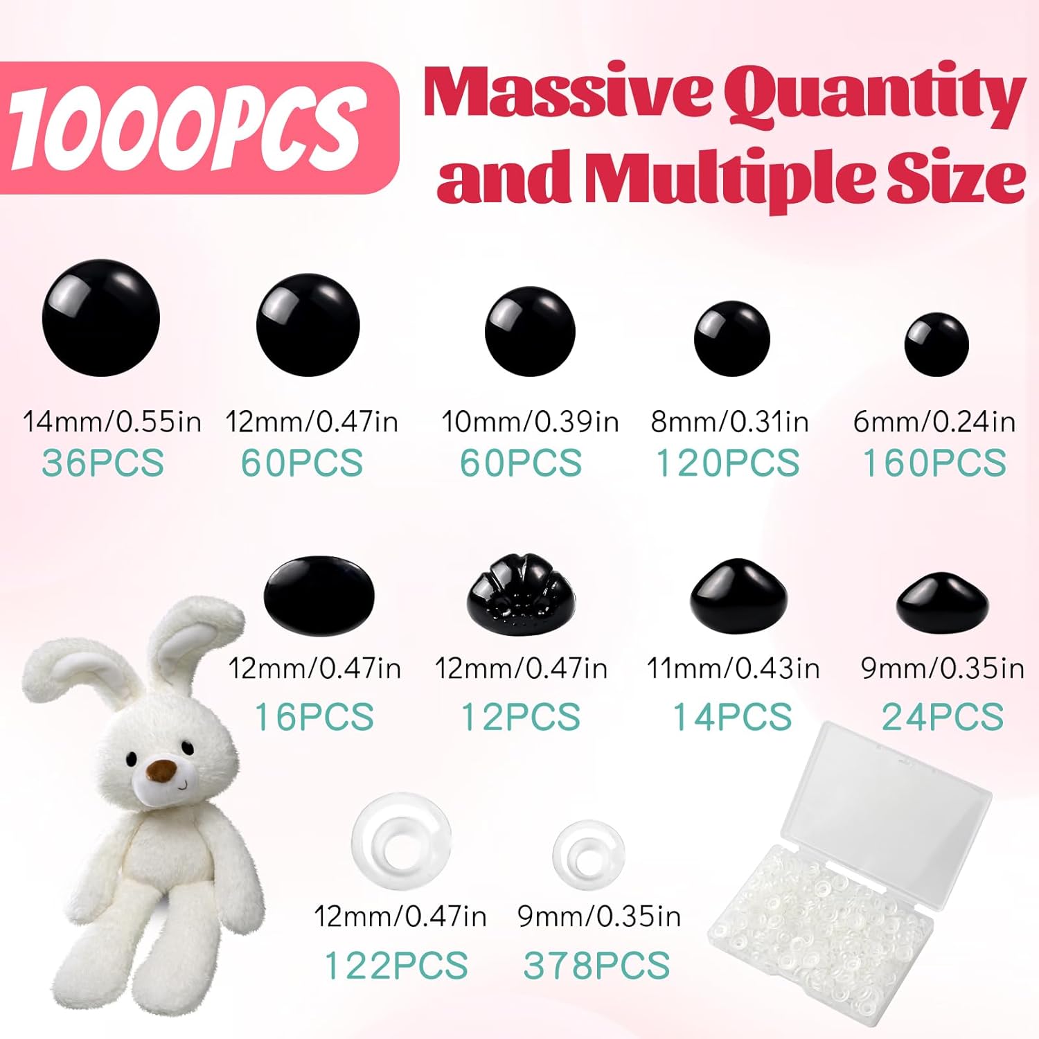1000 Pcs 6-14mm Safety Eyes and Noses for Crochet, Black Plastic Safety Eyes with Washers, Craft Doll Eyes for Stuffed Animals, DIY Accessories, Assorted Sizes