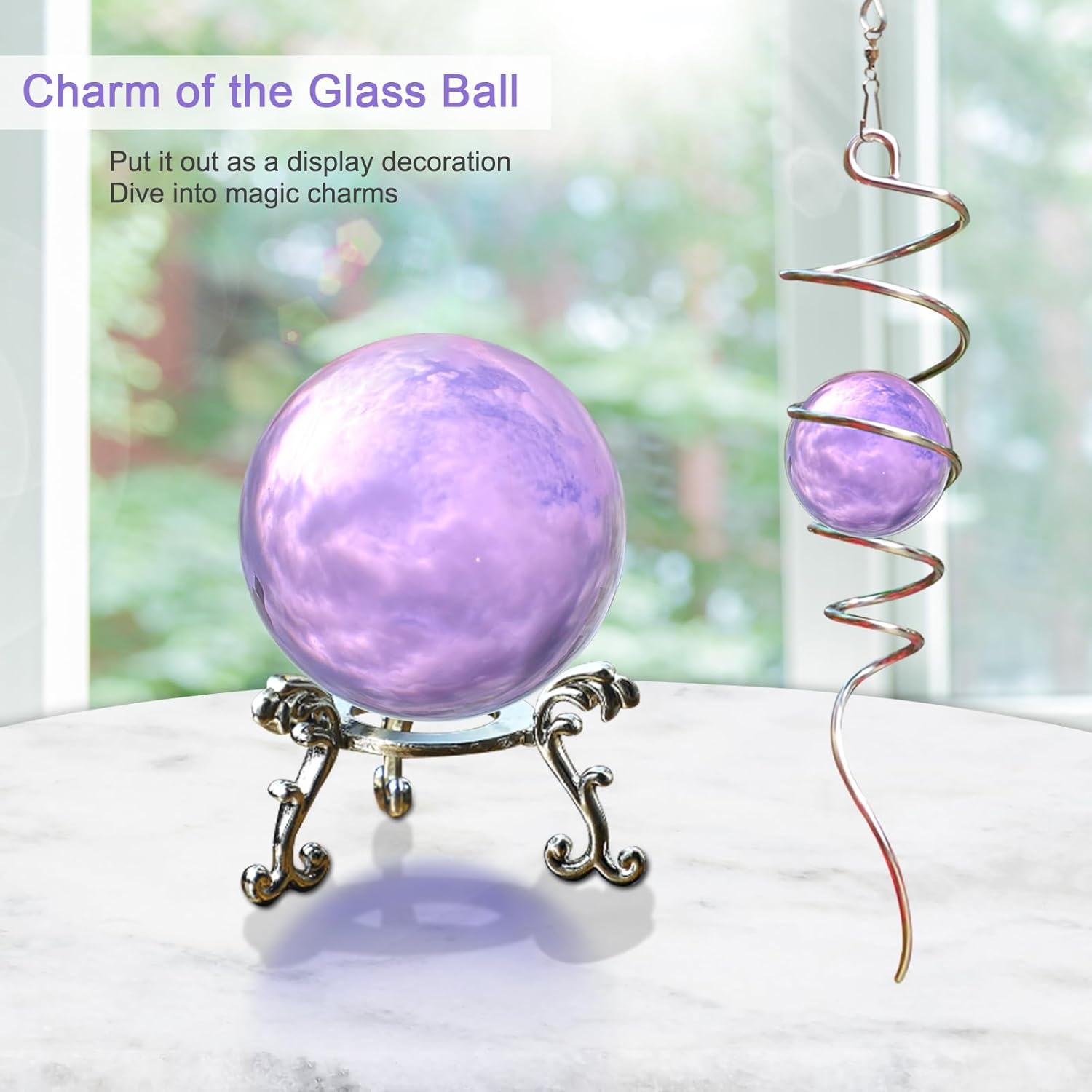Gazing Ball Spiral Tail with Purple Glass Orb, Wind Spinners Stabilizer, Stainless Steel Wind Spinner Tail, Outdoor Décor, Hanging Garden Sculptures Decoration Ornament 13inch Height