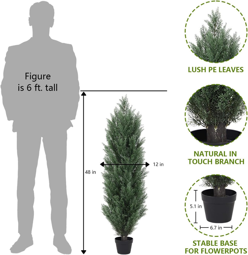 THE BLOOM TIMES 4ft Topiary Trees Artificial Outdoor 2 Pack – UV Resistant Faux Cedar Pine Cypress Bushes and Shrubs, Fake Potted Plants for Front Porch Outside Planter Patio Decor, Set of 2 (4 Foot)