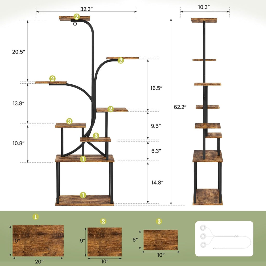 Apicizon 8-Tier Plant Stand Indoor with LED Grow Lights - Sturdy Shelf for Plants, Flowers & Succulents | 62'' Tall Flower Holder & Dimmable Lights | Modern