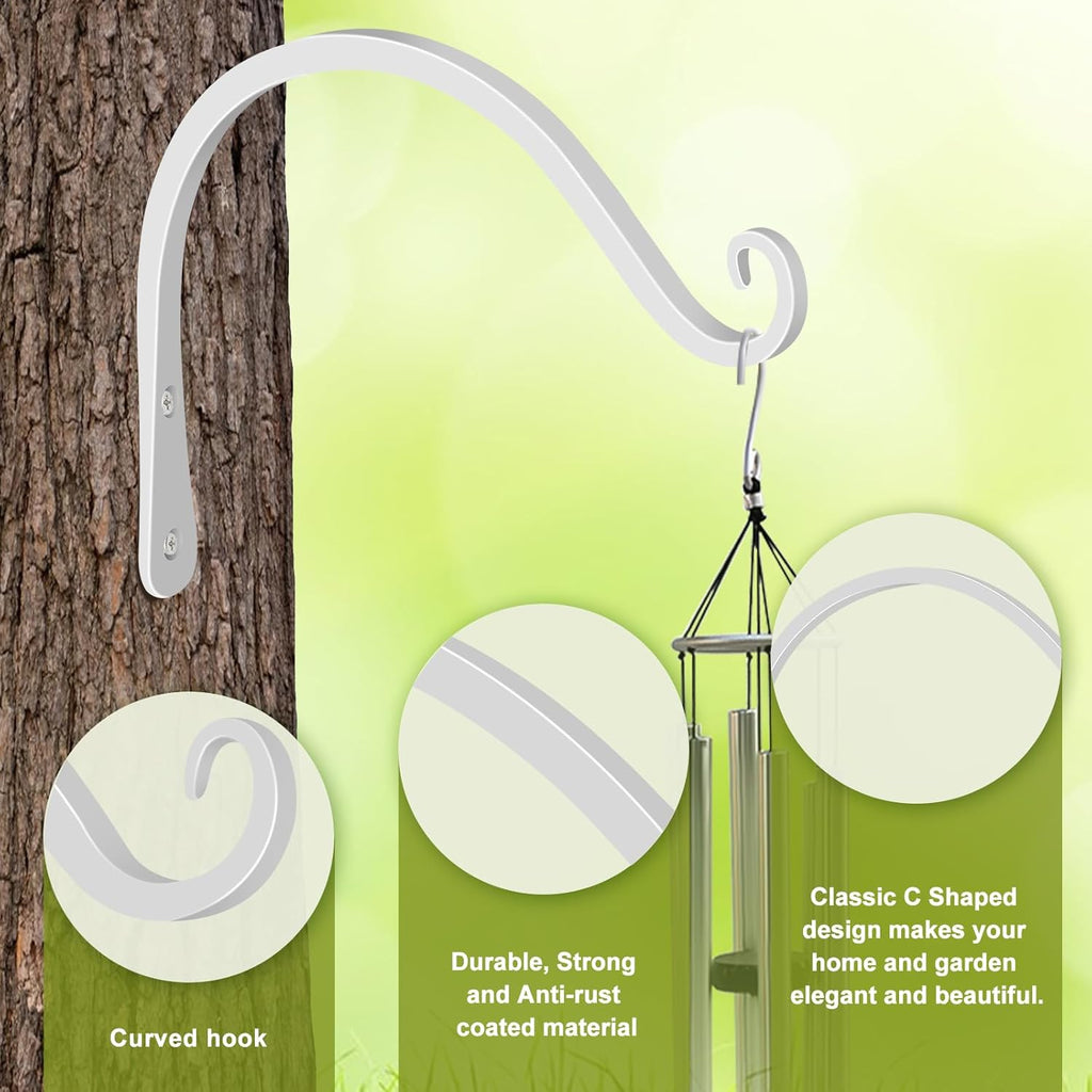 FEED GARDEN Iron Wall Hooks Decorative Metal Curved Plant Hanger Hooks, Indoor/Outdoor Use for Hanging Bird Feeders, Wind Chimes, Flower Baskets, Yoga Mat, (White, 8 Inch 2 Pack)