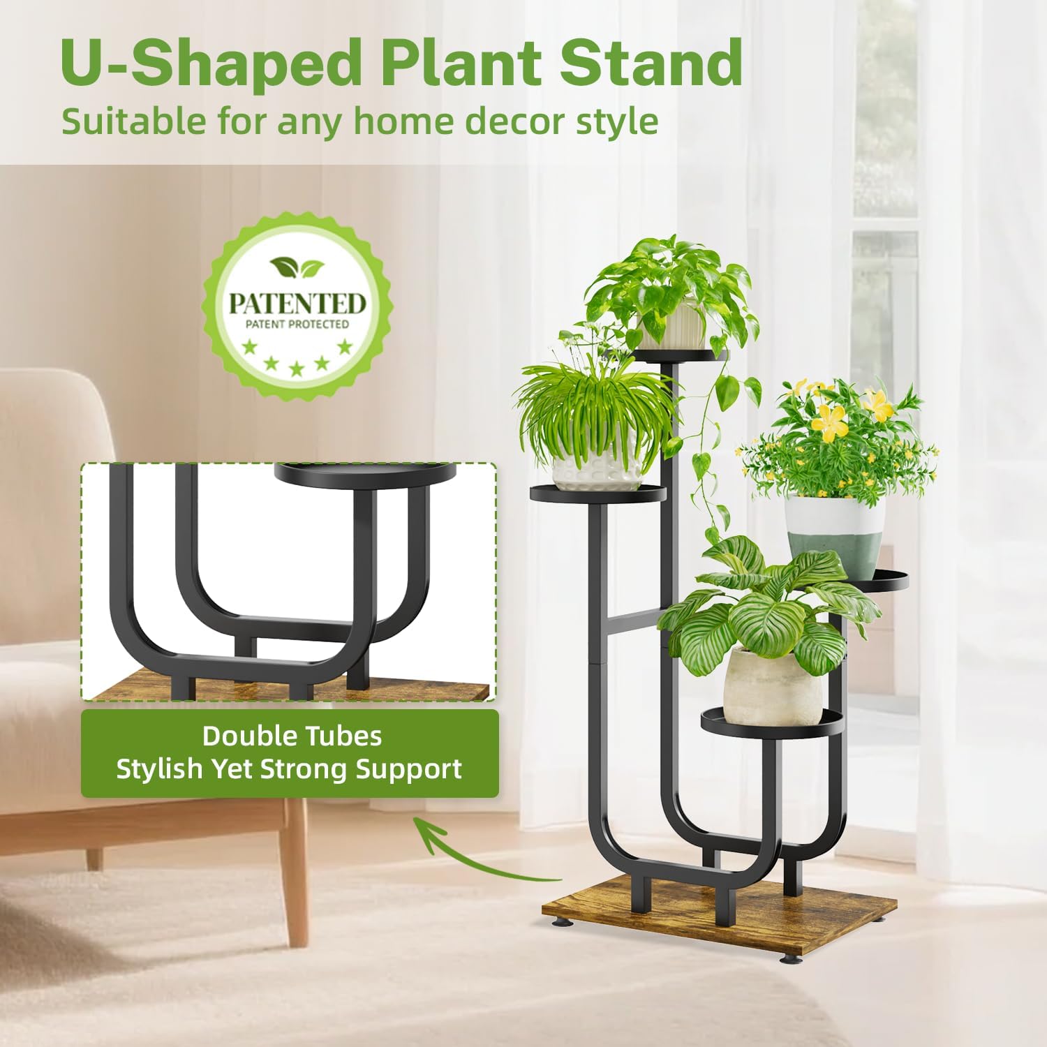 iDavosic.ly 4 Tier Plant Stand Indoor, Corner Tiered Multiple Flower Holder Shelf with Metal Trays, Orchid Display Wooden Rack for Patio Porch Living Room Balcony Outdoor, Modern Black & Rustic Brown