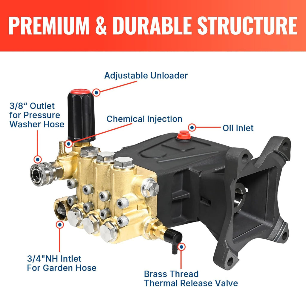 YAMATIC Horizontal Triplex Plunger Pressure Washer Pump 1" Shaft 4000 PSI 3.5 GPM, Replacement for Simpson AAA 90034, 90039,90038, Honda GX340, GX390, GX270 for Industrial Gas Powered Washers