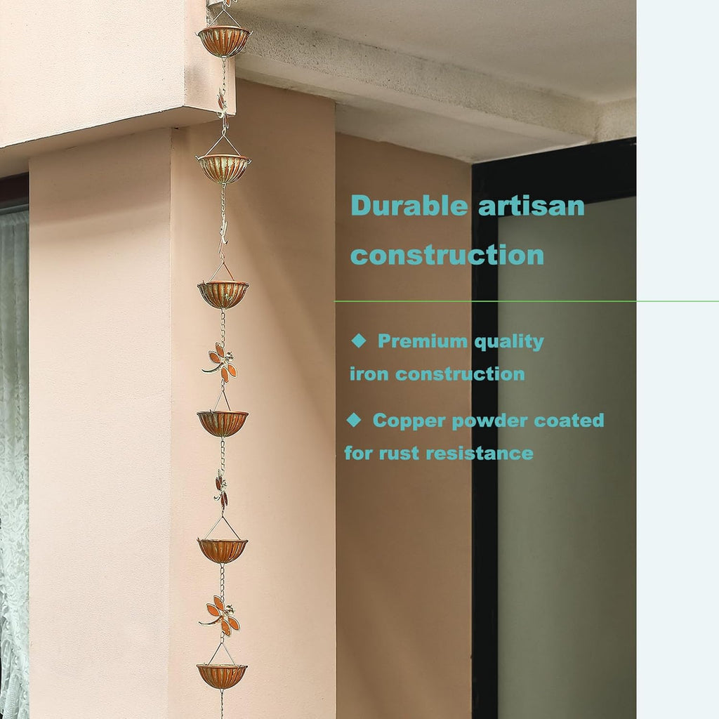 Dragonfly & Bowl Rain Chains, 8.5 ft Length Decorative Rain Catcher Chain for Gutters Outside, Iron Rain Gutter Replacement Downspout, Patina Color