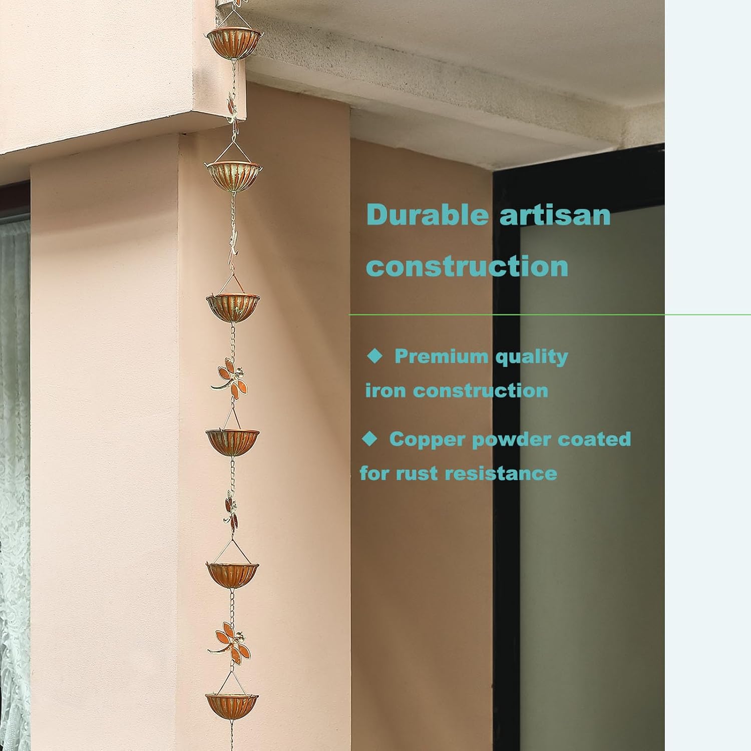 Dragonfly & Bowl Rain Chains, 8.5 ft Length Decorative Rain Catcher Chain for Gutters Outside, Iron Rain Gutter Replacement Downspout, Patina Color