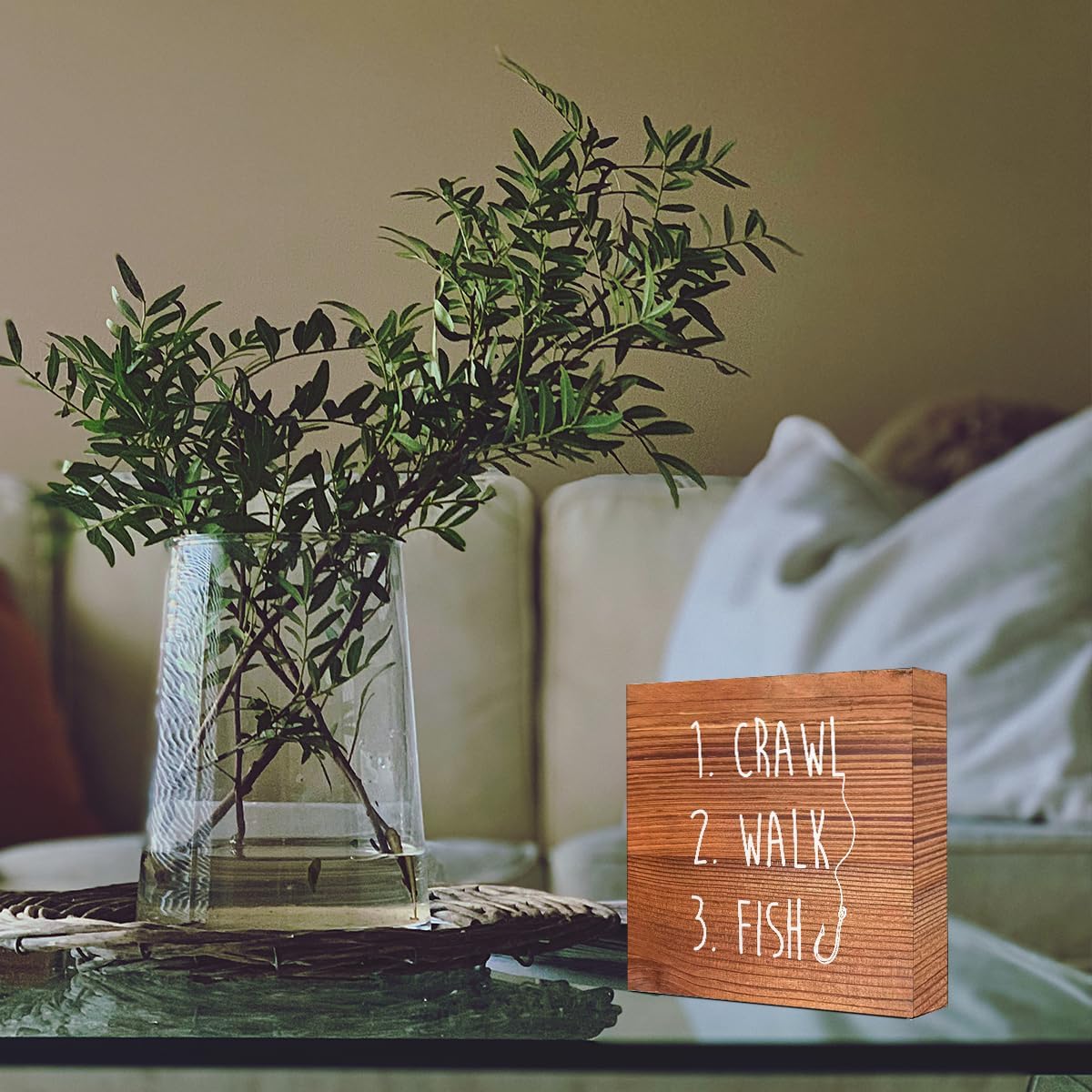 Brown Country Crawl Walk Fish Rustic Wooden Sign Desk Decor,Funny Baby Fishing Wood Block Sign Desk Decorations for Home Bedroom Baby Room Shelf Table Decor