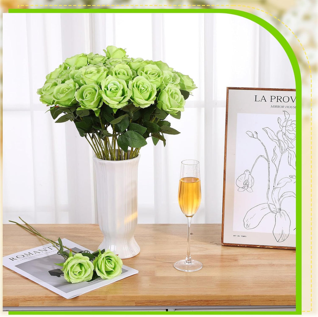 36 Pcs Silk Green Rose Bouquet Bridal Artificial Flowers,Fake Rose Long Stem Realistic Flowers Bulk for Wedding Bouquet Ball Arrangement Centerpiece Party Decor