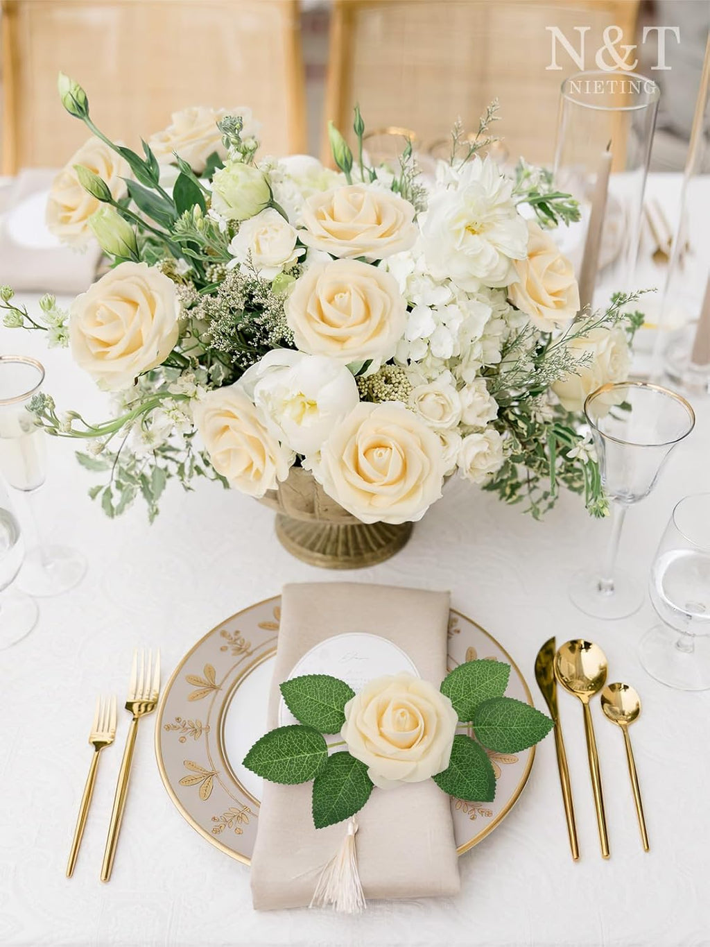 N&T NIETING Roses Artificial Flowers, 50pcs Fake Flowers Foam Roses for DIY Wedding Bridal Bouquet Baby Shower Party Cake Wall Decoration, Cream