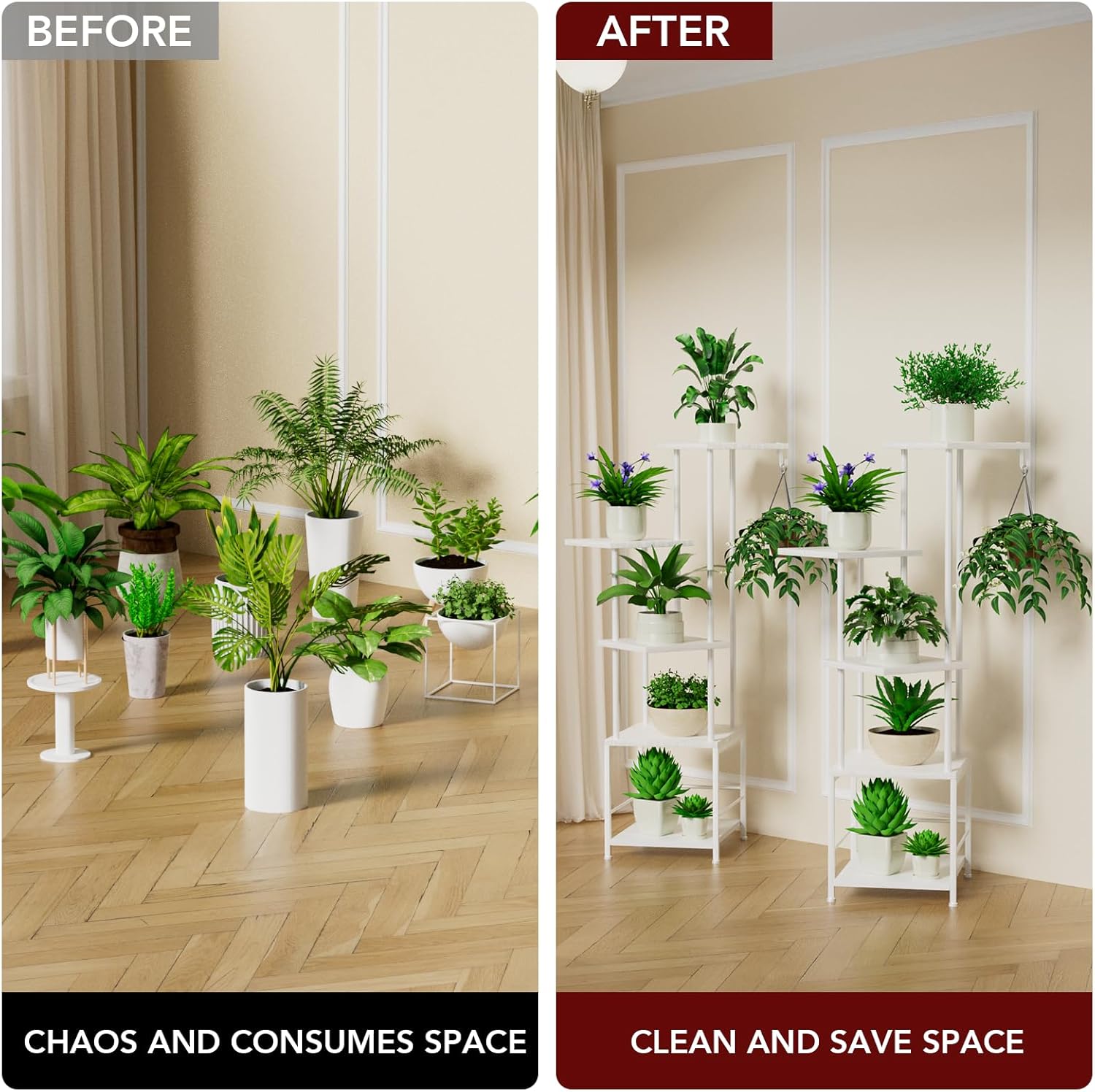 Plant Stand Indoor with Grow Light, 5-Tiered Tall Plant Stand Indoor, Metal Plant Shelf with Hanging Basket Hook and Adjustable Light, Ideal for Living Room, Garden, (2 Patio white)