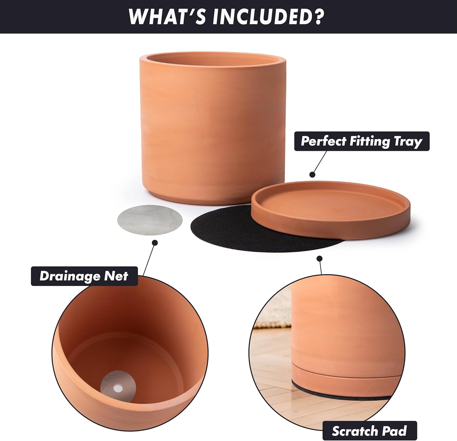 D'vine Dev X-Large 12 Inch Terracotta Plant Pot with Drainage Hole and Saucer, Round Cylinder Planter Pot for Indoor Plants, 40-X-A-6