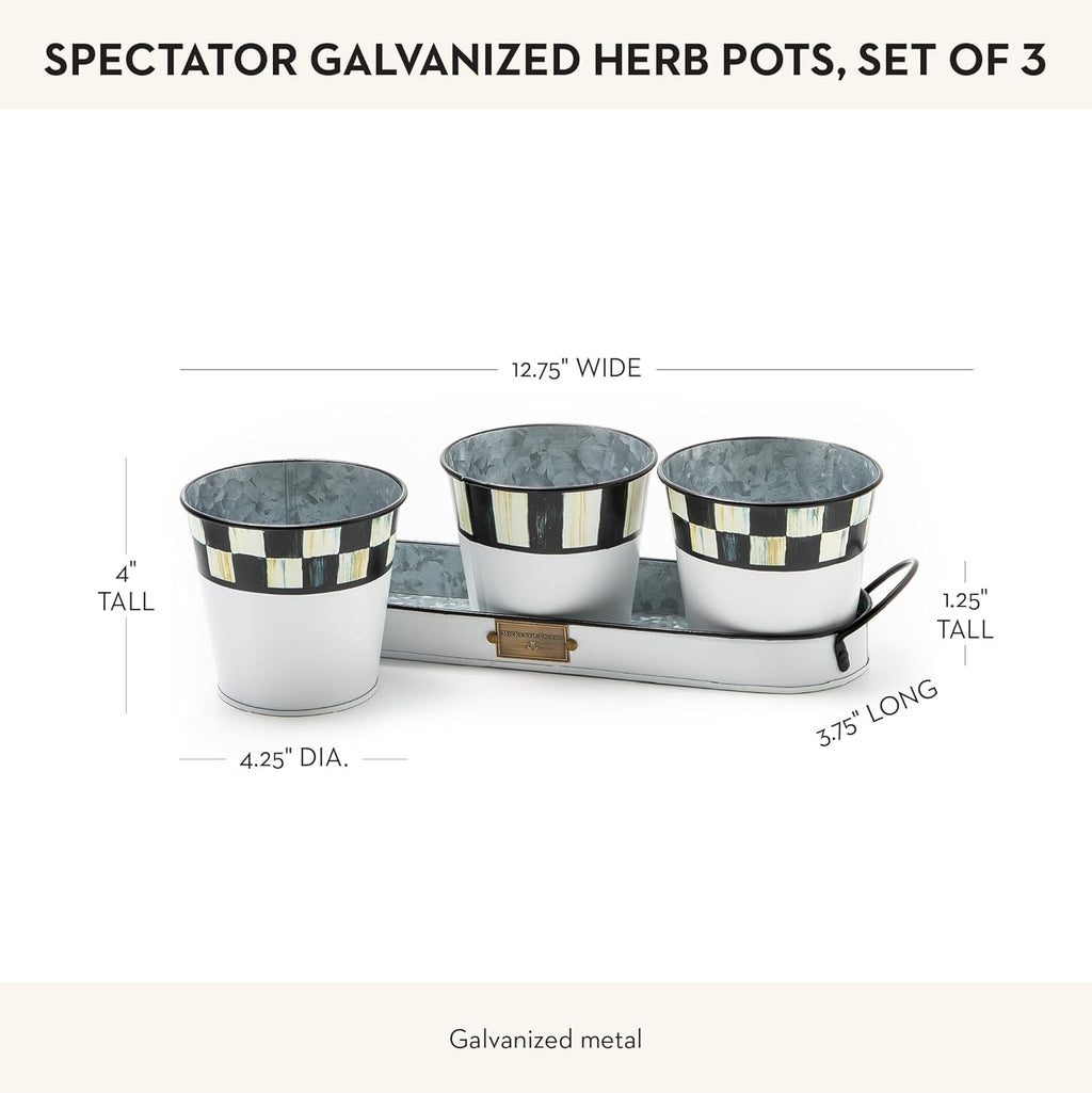 MACKENZIE-CHILDS Galvanized Herb Pots with Tray, Metal Herb Planters, Set of 3, Spectator