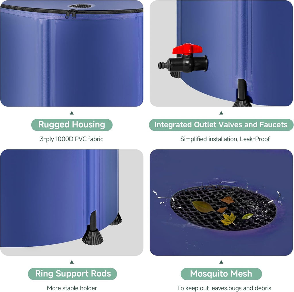 Collapsible Rain Barrel Water Storage Containers-53 Gallon Portable Rainwater Collect System Water Tank to Collect Rainwater from Gutter Downspout Water Catcher with Spigots,Filter＆Overflow Kits