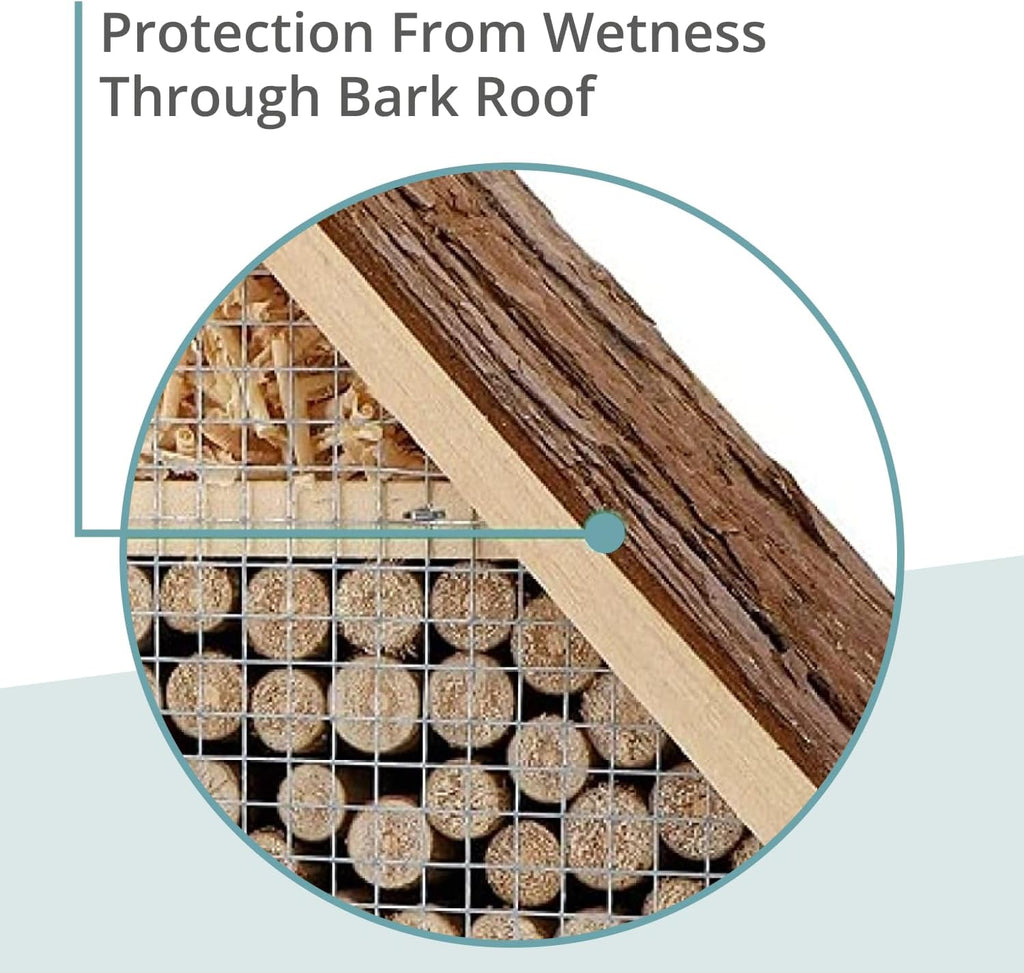 Small Insect Hotel with Bark Roof - Untreated Natural Wood Insect House for Bees, Ladybugs, Lacewings & Butterflies - Nesting Aid for Hanging, Bee Hotel