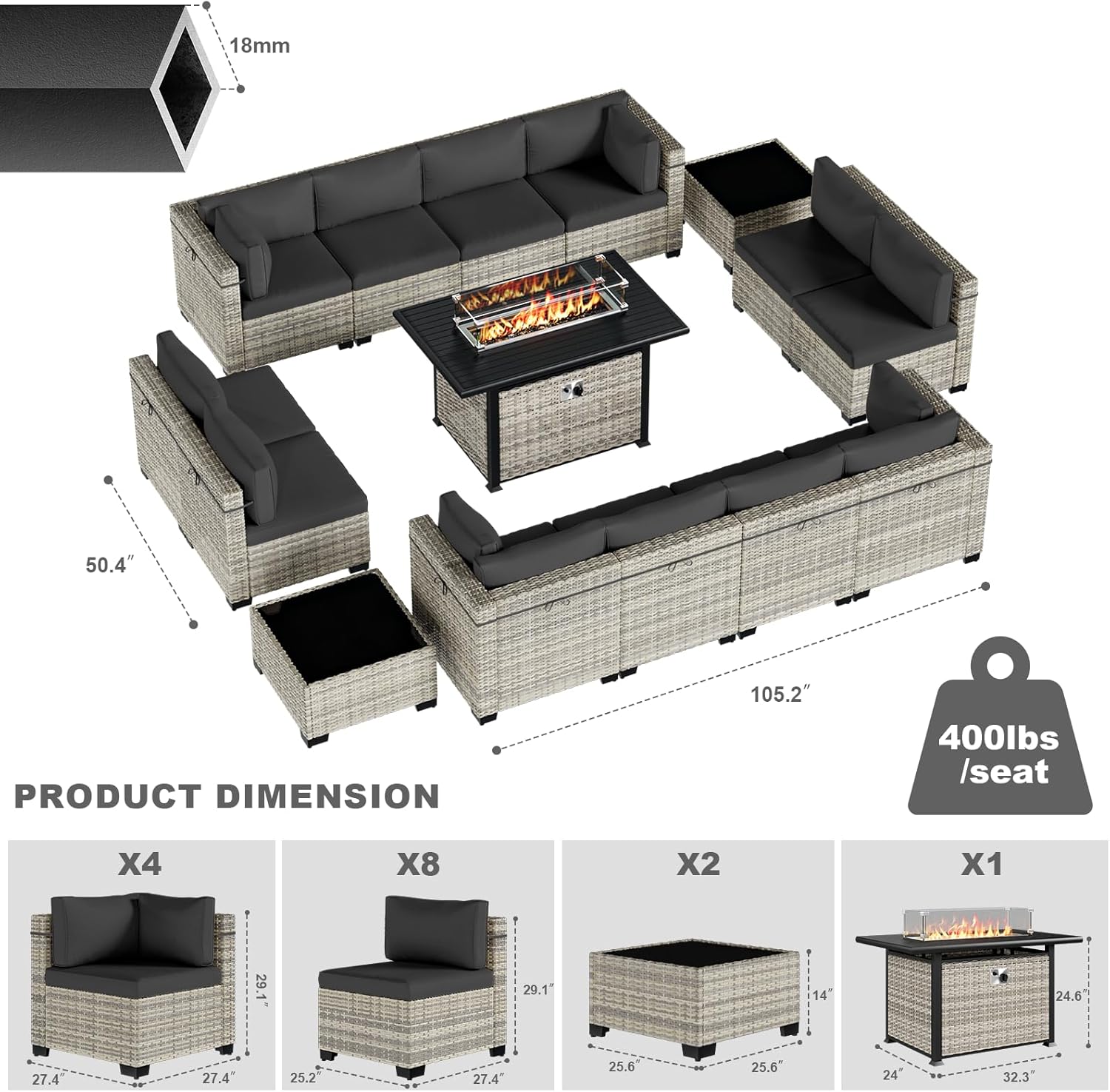 15-Piece Patio Furniture Set, Outdoor Patio Furniture with 55,000 BTU Fire Pit Table, Thick Cushions, Modular Patio Sofa, Dual-Strand Wicker Rattan, Rust-Resistant Frame, Black