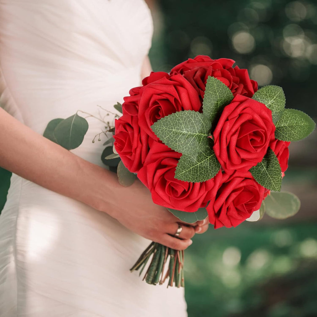 AmyHomie Artificial Flowers Dark Red Rose 100pcs Real Looking Fake Roses w/Stem for DIY Wedding Bouquets Centerpieces Arrangements Party Baby Shower Home Decorations