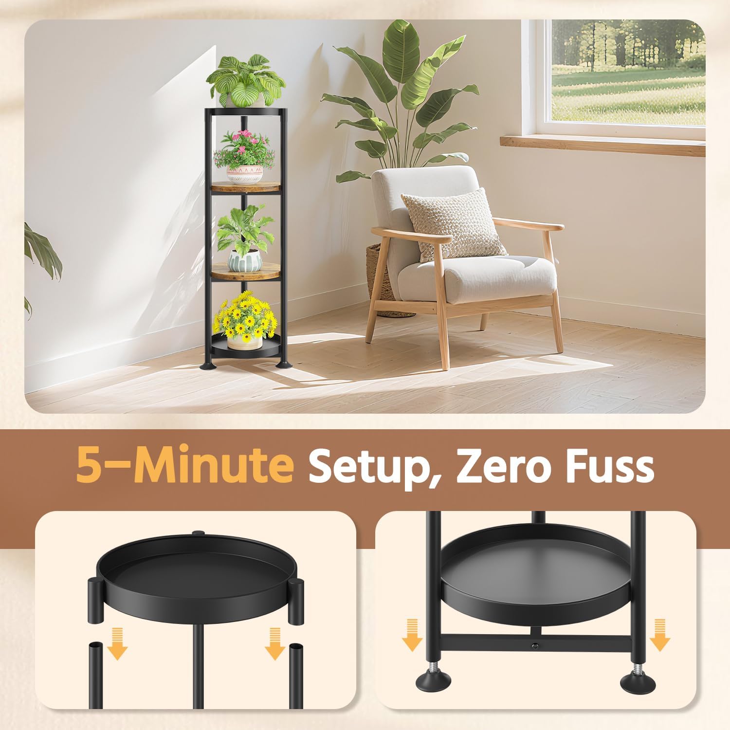 LASZOLA 4 Tier Black Plant Stand Indoor for Large Tall Heavy Duty Flower Planter, Metal Vertical Multi Level Rack for Narrow Floor Corner, Sturdy Round Holder Organizer, Modern, Mid Century, Farmhouse