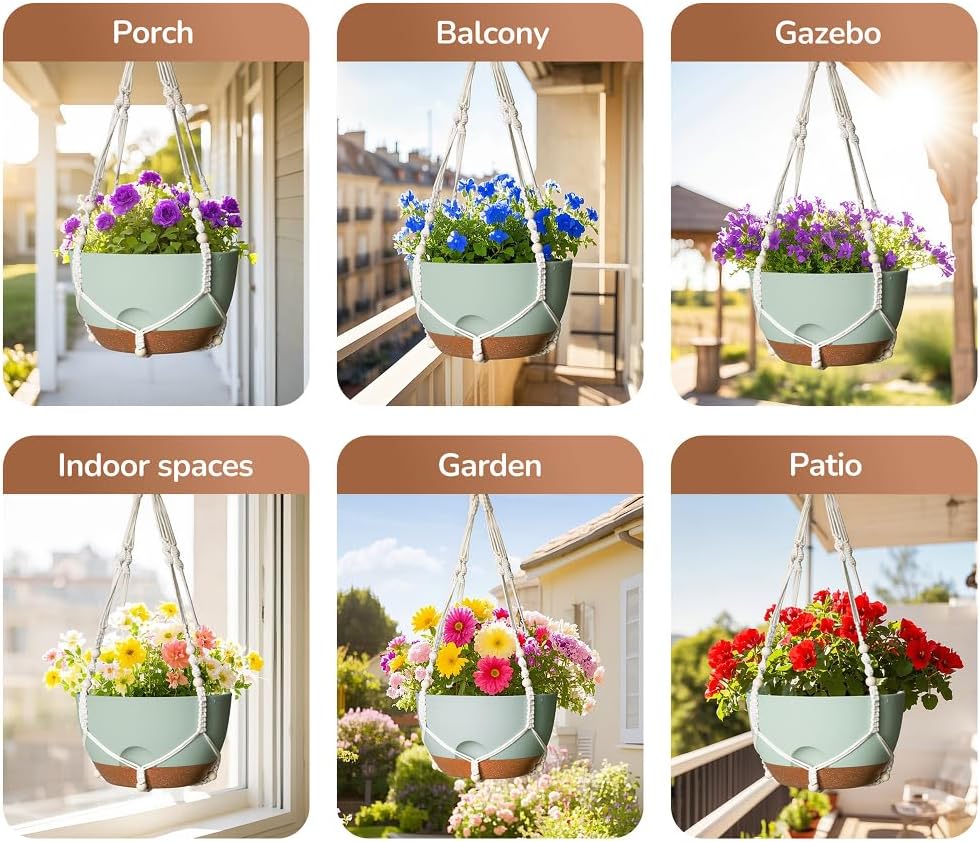 12 Inch Hanging Baskets for Plants Outdoor, Hanging Planters for Indoor Outdoor Plants, Hanging Planter with Self Watering, Hanging Flower Pots (Green Planter with Macrame + Iron Hangers)