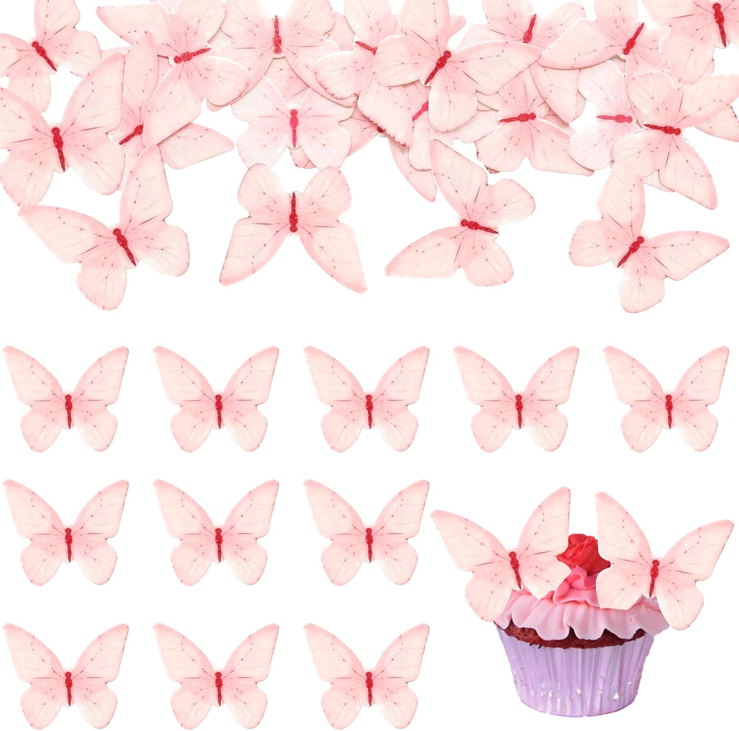 Ephlyn 48Pcs Edible Butterfly Cupcake Toppers Butterfly Cupcake Picks Edible Spring Cupcake Decorations for Spring Theme Baby Shower Kids Birthday Party Cake Supplies Pink