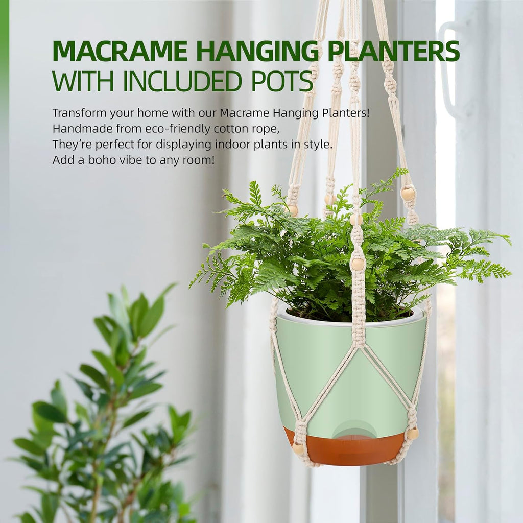2-Pack Self-Watering Hanging Planters for Indoor & Outdoor Plants,34-Inch macrame hanger plant pots indoor with drainage,5.7-Inch Small Hanging Planters & Baskets in Green,With two sets of hooks