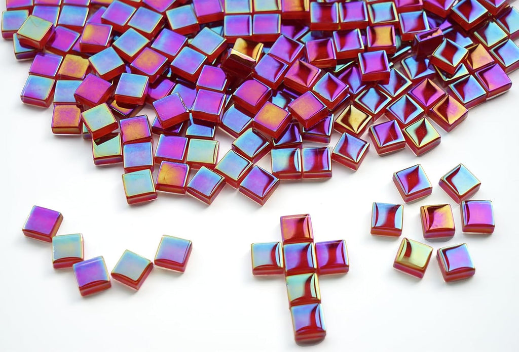 0.66lbs Ruby Red Iridescent Mosaic Tiles, 3/8" Square Glass Pieces With Smooth Edges, Ideal for Making Supplies, Small Colored Glass Tiles for DIY Coaster Projects